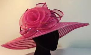 Vtg Kathy Jeanne Pink Woven Straw Wide Brim Hat Wedding Kentucky Derby 22" - Picture 1 of 10