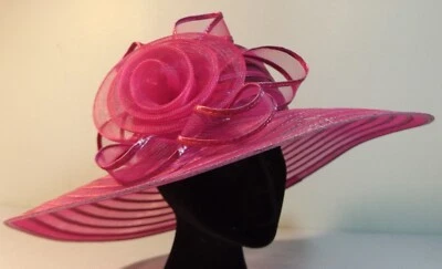 Vtg Kathy Jeanne Pink Woven Straw Wide Brim Hat Wedding Kentucky Derby 22" - Image 1 of 4