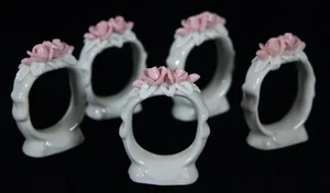 SET OF 5 WHITE PORCELAIN W/ PINK ROSES ON TOP NAPKIN RINGS 2.25" TALL NIB - Picture 1 of 5