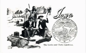 Iowa IA Territory State Seal Lewis Clark nativi americani RPPC foto reale anni '50 - Foto 1 di 2