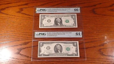 2013 & 2017 PMG CU64 GEM 66 EPQ $1.00 & $2.00 MATCHING SERIAL NUMBERS TWO NOTES! - Image 1 of 4