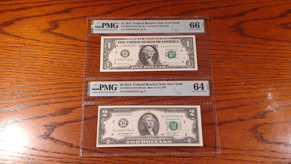 2013 & 2017 PMG CU64 GEM 66 EPQ $1.00 & $2.00 MATCHING SERIAL NUMBERS TWO NOTES! - Image 1 of 4