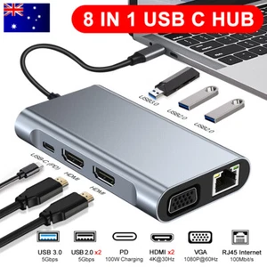8 in 1 Laptop Docking Station Type-C Dual HDMI Hub Adapter USB-C Triple Display - Picture 1 of 19