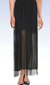 NWT $120 DKNYC Women's Black Chiffon Fringed Semi Sheered Lined Maxi Skirt 14 - Picture 1 of 18