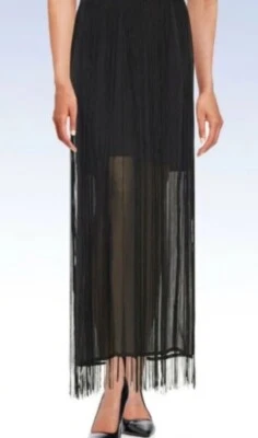 NWT $120 DKNYC Women's Black Chiffon Fringed Semi Sheered Lined Maxi Skirt 14 - Image 1 of 4