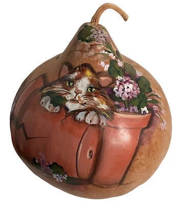 Cat In A Flower Pot Artisan Hand Painted DRIED Gourd Signed 2000 Vintage 10” - Image 1 of 4