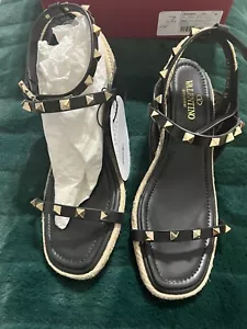 Valentino Rockstud Black Leather Stud Ankle Strap Espadrille Sandal 38 - Picture 1 of 10