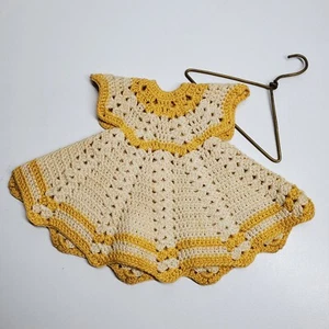 Vintage Hand Crochet Pot Holder Doll Clothes Dress Yellow Trim with Hanger - Picture 1 of 6