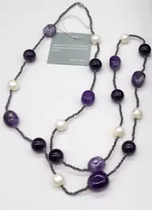 925 Sterling Silver Necklace Genuine Amethyst White Pearls Beads SJ Pearl 31" - Picture 1 of 11
