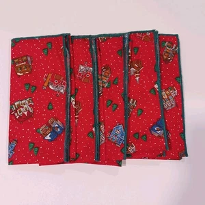 Vintage Handarbeit Weihnachten Stoffservietten rot Weihnachtsdorf 5 insgesamt 14" - Bild 1 von 6