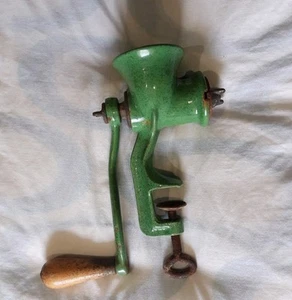 Hand Operated Cast Iron Manual Rotary Meat Mincer Green Enamelled Preowned - Picture 1 of 7