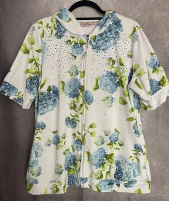 Quacker Factory Hydrangea Zip Hoodie / Jacket M Rhinestone Cotton Floral - Image 1 of 4