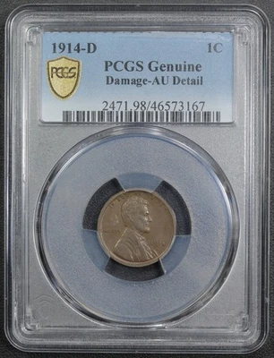 1914 D Lincoln Wheat Copper Cent 1C PCGS AU Detail Damage (Almost Uncirculated) - Image 1 of 4