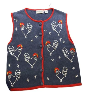 Belle Pointe Rooster Embroidered Knit Sweater Vest Novelty Button Up XL - Picture 1 of 6