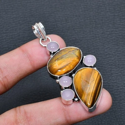 虎眼粉红色玉髓手工珠宝吊坠 2.27 英寸 d264 — 第 1/3 张图片