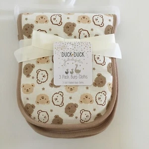 NEW Baby Burp Cloths Pack of 3 Bear Print and Solid Tan | Duck Duck Goose - Picture 1 of 7