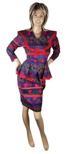 Vintage 80's Leslie Lucks Retro Peplum Southwestern Skirt Jasket Suit Set Sz 8 - Picture 1 of 18