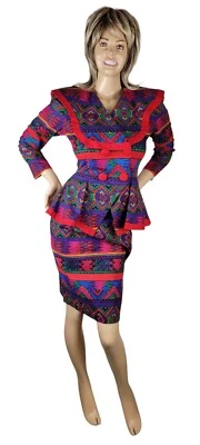 Vintage 80's Leslie Lucks Retro Peplum Southwestern Skirt Jasket Suit Set Sz 8 - Image 1 of 4