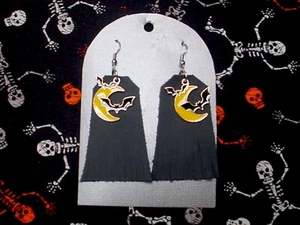 BLACK LEATHER  FRINGE EARRINGS WITH ENAMEL CRESCENT MOON & BATS - Picture 1 of 3