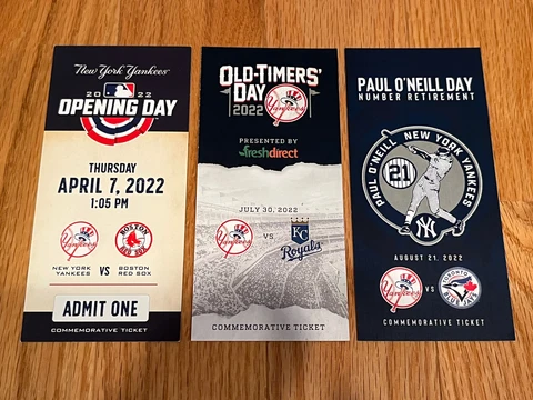 NY Yankees Ticket x3 Paul O’Neill Day #21, Opening Day, Old Timers 2022 SGA Cover