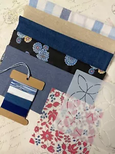 Denim and indigo shades fabric bundle for slow stitch sashiko boro mending "B" - Picture 1 of 5