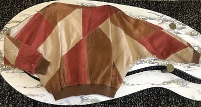 Винтажный цветной блок замши летучая мышь верхний кожевенный завод 70-х 80-х лоскутное одеяло S-XL  - Изображение 1 из 4