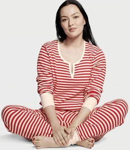 New Victoria’s Secret XL Stretch Thermal Pajama Set Candy Cane Stripe Red White - Picture 1 of 15