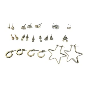 Bundle of 13 Pairs Women's Fashion Earrings Silver Tone Studs Rhinestones Hoops - Picture 1 of 3