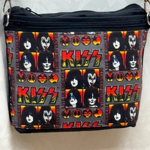 KISS Crossbody Purse Bag Handmade Fabric Canavs Bag Adjustable Strap Black - Picture 1 of 9