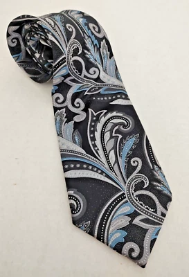 Steve Harvey Boardroom 领带佩斯利 100% 真丝黑色银色灰色蓝色 — 第 1/4 张图片