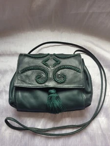 Borsa da sera vintage Saks Fifth Avenue in pelle verde smeraldo ricamata Italia - Foto 1 di 9