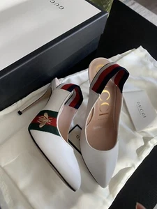 Gucci White Leather Web Detail Sylvie Slingback Pumps SIZE 39 - Picture 1 of 6