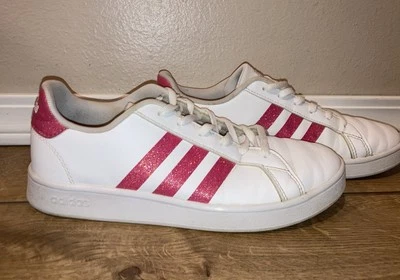 Adidas White Real Pink Glitter Girls Size 5Y Athletic Shoes Sneakers EG5136 - Image 1 of 4