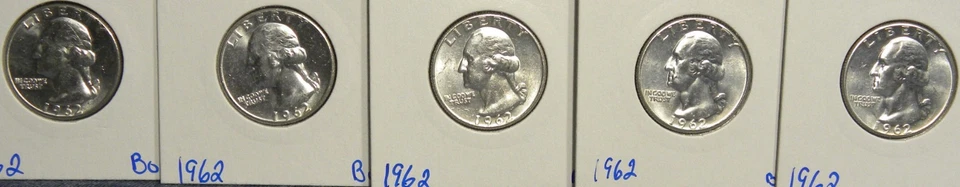 1962-P WASHINGTON SILVER QUARTERS 90% SILVER LOT OF 5-90% SILVER BU COINS - Image 1 of 4