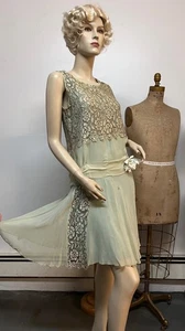 Antique 1920s Metallic Silver Lace & Mint Dropped Waist Flapper Dress Chest 33.5 - Picture 1 of 23