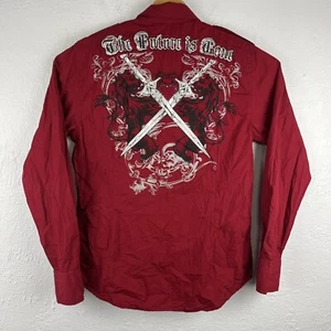 GUESS Men’s Shirt Red Medium Metal Snap Embroidered Long Sleeve Button Down - Picture 1 of 18