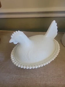 Vintage Indiana Glass Hen Chicken on Nest Candy Dish White Milk Glass Beaded - Picture 1 of 8