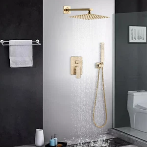 Gold Concealed Shower Mixer Set Taps Square Rainfall Head Combo with Valve Kit - Picture 1 of 10