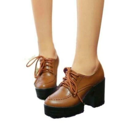 2025 Ladies Casual Round Toe Lace Up Block High Heels Platform Pump Shoes Womens - Image 1 of 4
