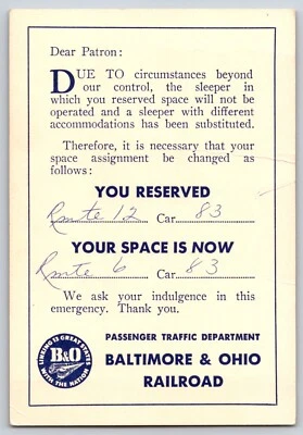 Baltimore & Ohio Railroad c1960's "Sleeper Assignment Change" Notice Bloomquist* - Image 1 of 2