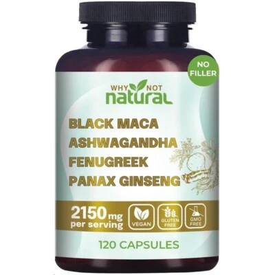 Black Maca Complex – Ashwagandha, Fenugreek, Panax Ginseng – 120 Vegan Capsules - Image 1 of 4