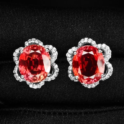 Gleaming Sunset Orange Sapphire 14.12Ct 925 Sterling Silver White Gold Earrings - Image 1 of 4