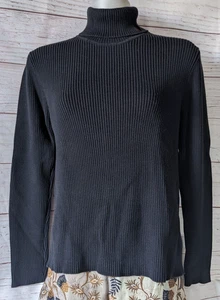 Vintage Lauren Ralph Lauren Women Turtleneck Sweater Black Ribbed Knit Cotton M - Foto 1 di 9