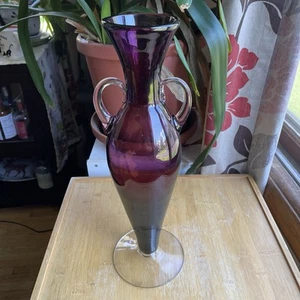 Vintage Blenko Amethyst #9733 Vase Urn 14” Clear Base & Handles - Picture 1 of 10