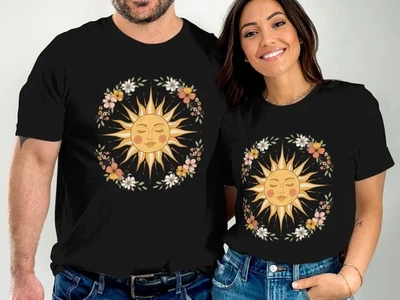 Floral Sun Face T-Shirt, Boho Graphic Tee for Women, Retro Summer Aesthetic - Image 1 of 4