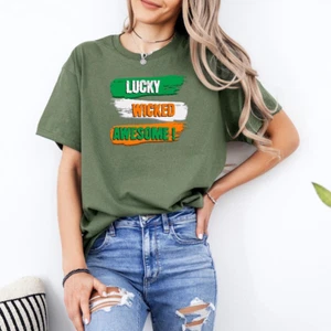 Lucky Wicked Awesome Unisex T shirt St Patricks Day Shirt Irish Pride Ireland Fl - Picture 1 of 4
