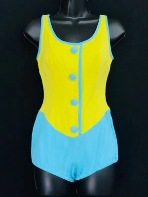 Traje de baño vintage años 50 amarillo azul, una pieza deadstock aqua verde azulado pin up XS S Foto 1 de 4