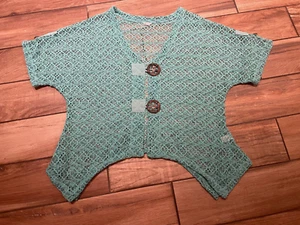 KAKTUS Womens Jacket Teal Mesh Netting Boho Hippie Wooden Buttons Top READ - Picture 1 of 7