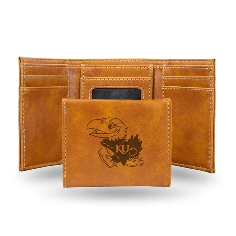 Kansas Jayhawks Laser Engraved Brown Trifold Wallet Cover