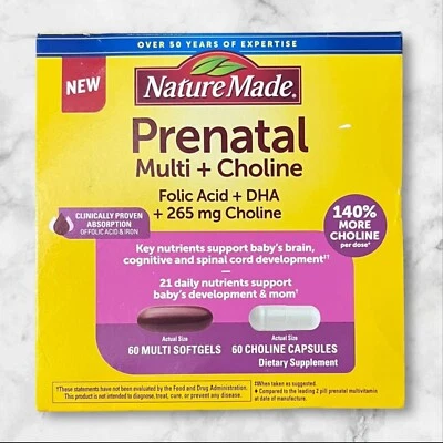 Nature Made Prenatal Multi Choline Folic Acid DHA 60+60 Count EXP08/2025+ NEW - Image 1 of 2